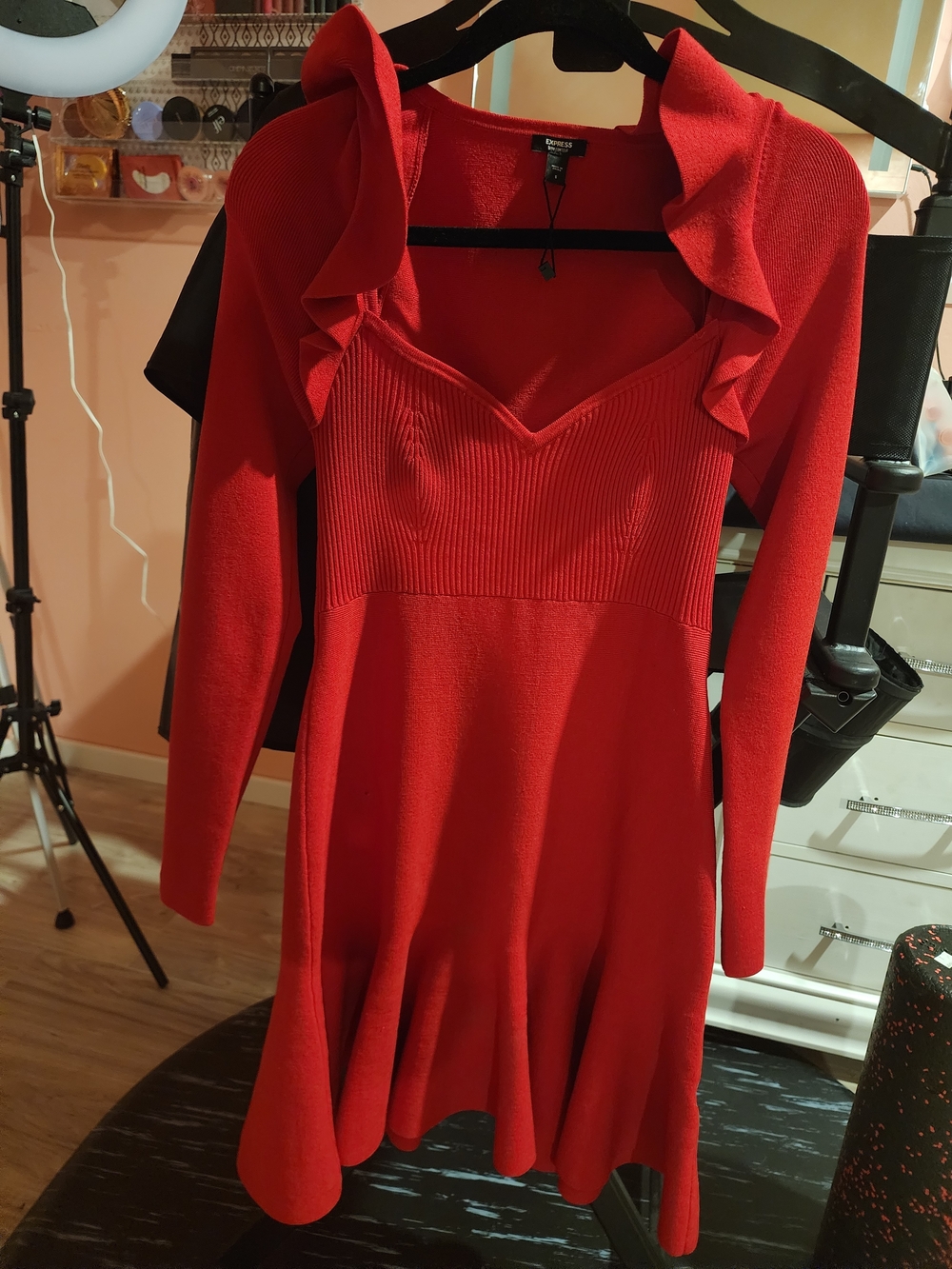 Express Red Ruffle-Shoulder Long-Sleeve Knit Dress